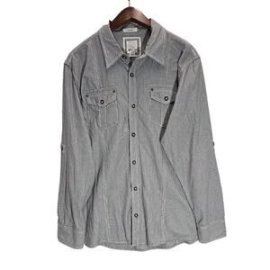 BKE Mens Slim Fit Long Roll Tab Sleeve Button Down Shirt Gray White Stripes XL